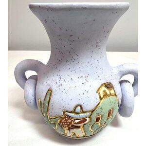 Vintage Handmade Ceramic Vase With Southwestern Design Dual Handles & Speckled F